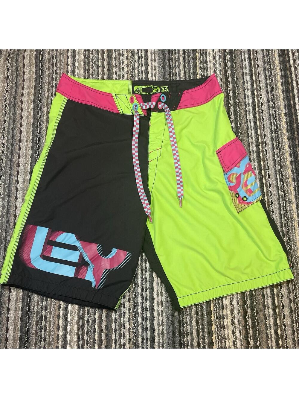Y2K Spellout Oakley Board Shorts Men's Neon Pink Green Drawstring Cyber Surf 33